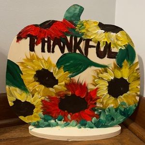 HAND PAINTED SUNFLOWERS ON A WOOD PUMPKIN